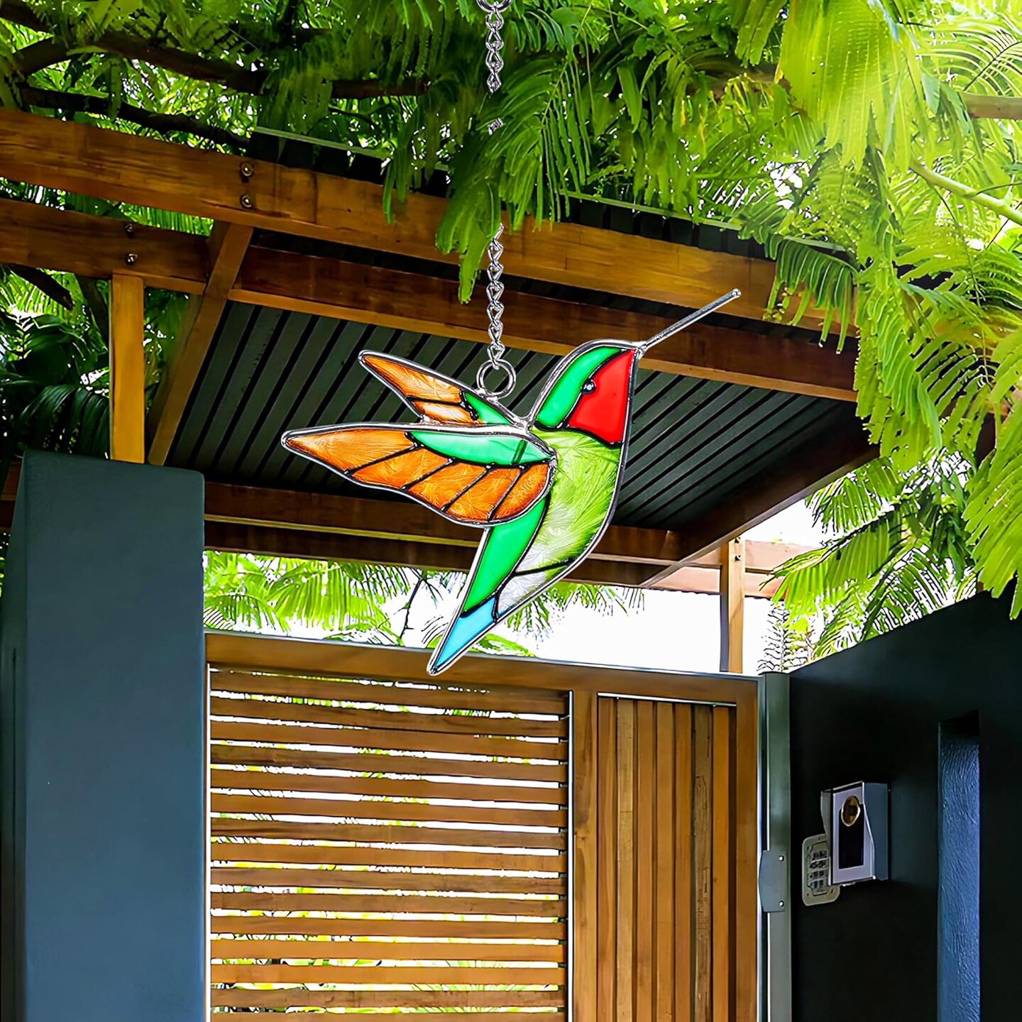 Handmade Stained Glass Hummingbird Hanging Ornament,Colorful 4.3x4.9 Inch