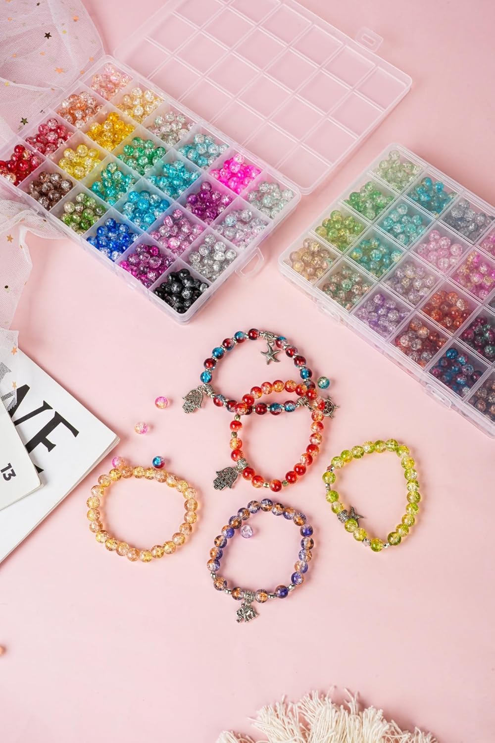 1300pcs 8mm Mixed Crackle Glass Beads – 48 Colors Crystal Kit for DIY Bracelets