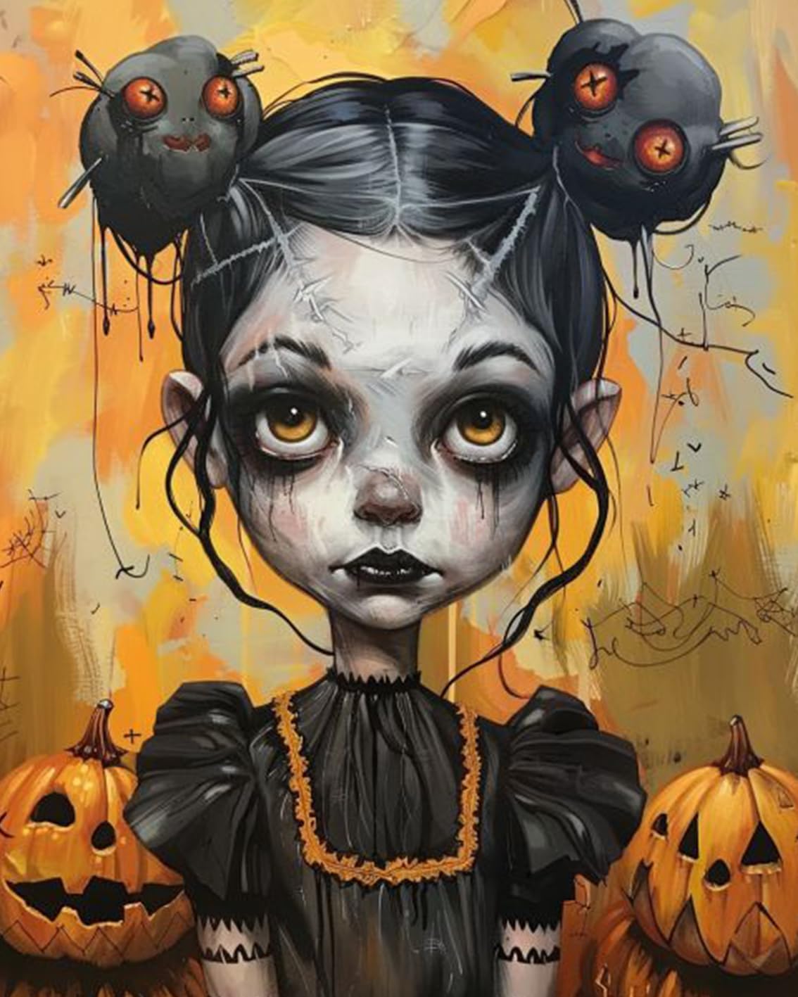 Halloween Pumpkin Strange Girl Paint by Numbers Kit – Cute Weird Girl Portrait DIY Painting on Canvas with Acrylic Paints & Brushes for Adults & Beginners, 16x20 Inch (No Frame)