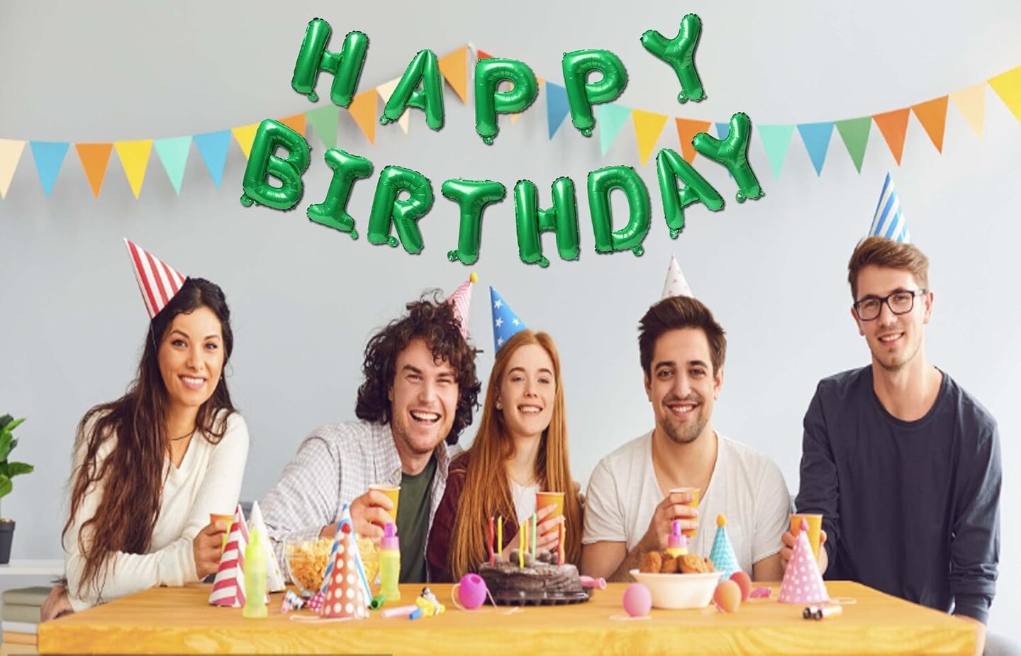 16 Inch Green Aluminum Foil "Happy Birthday" Balloons – 15-Piece Birthday Party Decoration Kit with Straw & Ribbon (Green)