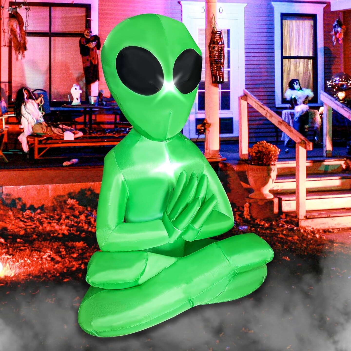 5 Ft Meditating Alien Blow Up Inflatables Yoga Alien Halloween Decorations with Build-in LEDs