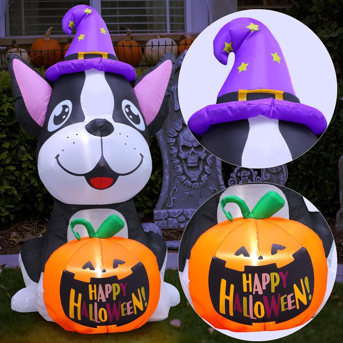 4.4FT Dog Hold Pumpkins Blow Up Yard Decorations(Black Dog &#x26; Orange Pumpkins)