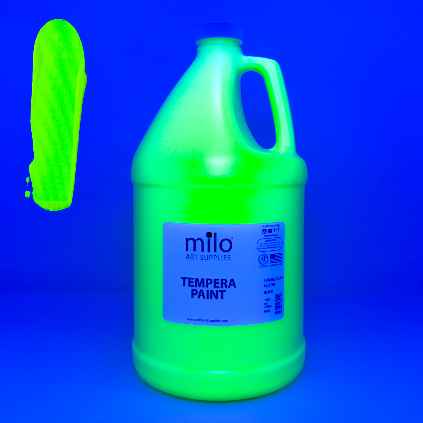 milo Fluorescent Yellow Neon Tempera Paint | 128 oz Bottle, 1 Gallon | Glows UV in Black Light | Non-Toxic Made in USA | Washable Bulk Art Paint for Party, Student, Classroom, Artist