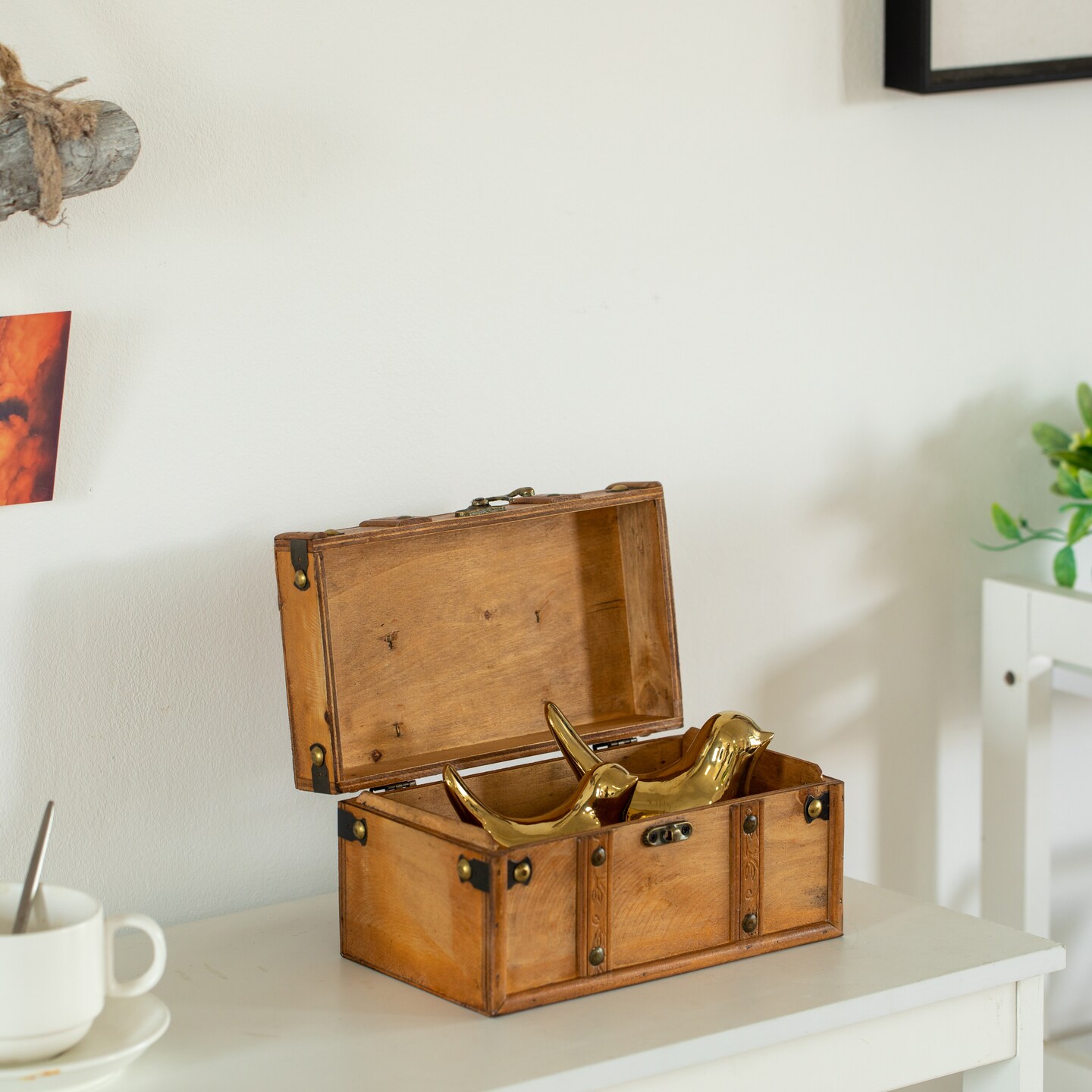 Vintiquewise Farmhouse Antique-Style Wood Treasure Chest with Leather Straps & Front Latch Decorative Storage Trunk for Trinkets Jewelry or Letters Rustic Accent for Home or Office Decor