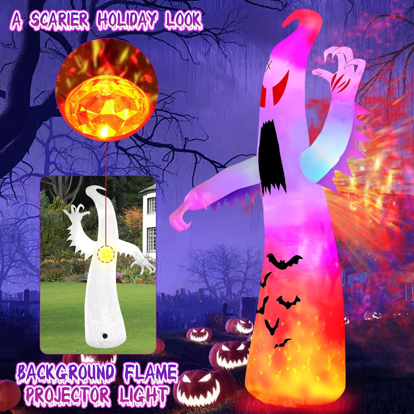 12Ft Halloween Inflatables Giant Ghost Outdoor Decorations(Colorful)