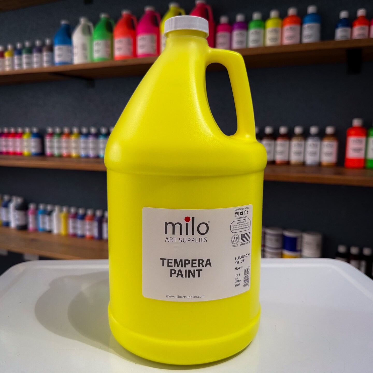 milo Fluorescent Yellow Neon Tempera Paint | 128 oz Bottle, 1 Gallon | Glows UV in Black Light | Non-Toxic Made in USA | Washable Bulk Art Paint for Party, Student, Classroom, Artist