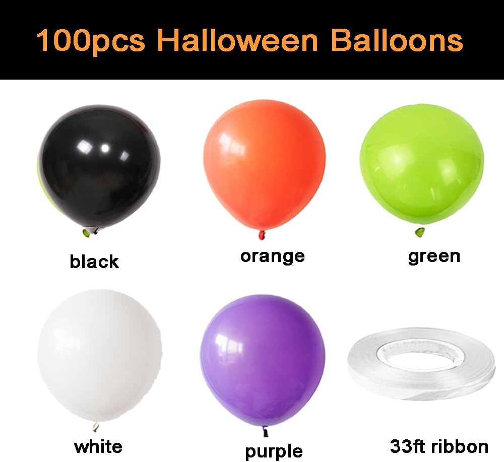 Halloween Balloons w/Ribbon(Black Orange Purple Green)
