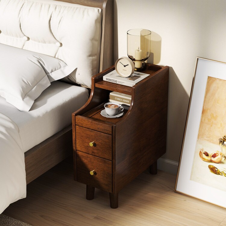 Brown Rubber Wood Narrow End Table with Drawers, Tray and Cable Slots