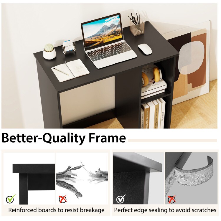 31.5 Inch Modern Black Wooden Laptop Desk with 2-Tier Storage Shelf for Small Home Office
