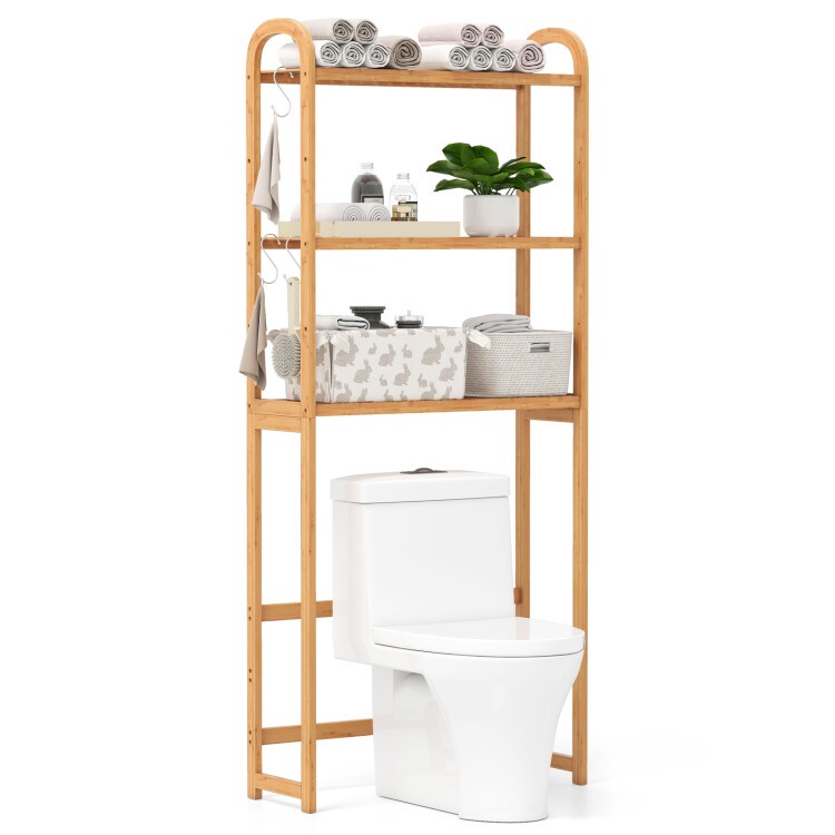 3-Tier Wicker Over Toilet Storage Shelf with Adjustable Shelves and Hooks Space-Saving Design