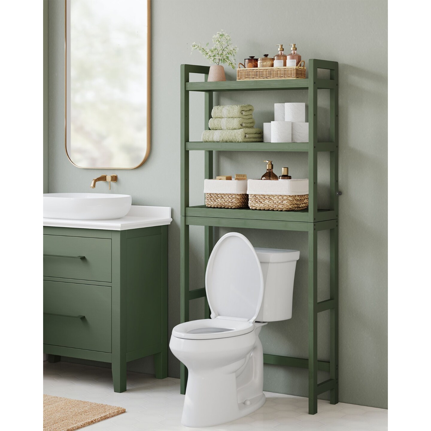 Bathroom Over Toilet Storage Rack 3 Tier wicker Organizer with Adjustable Height Shelf and Stable Anti Tip Wall Mount Design