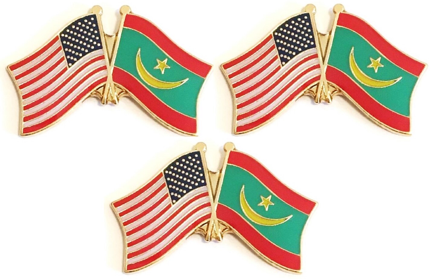 Box of 3 Mauritania & US Crossed Flag Lapel Pins, Country & American Double Friendship Tie & Hat Pin Badges