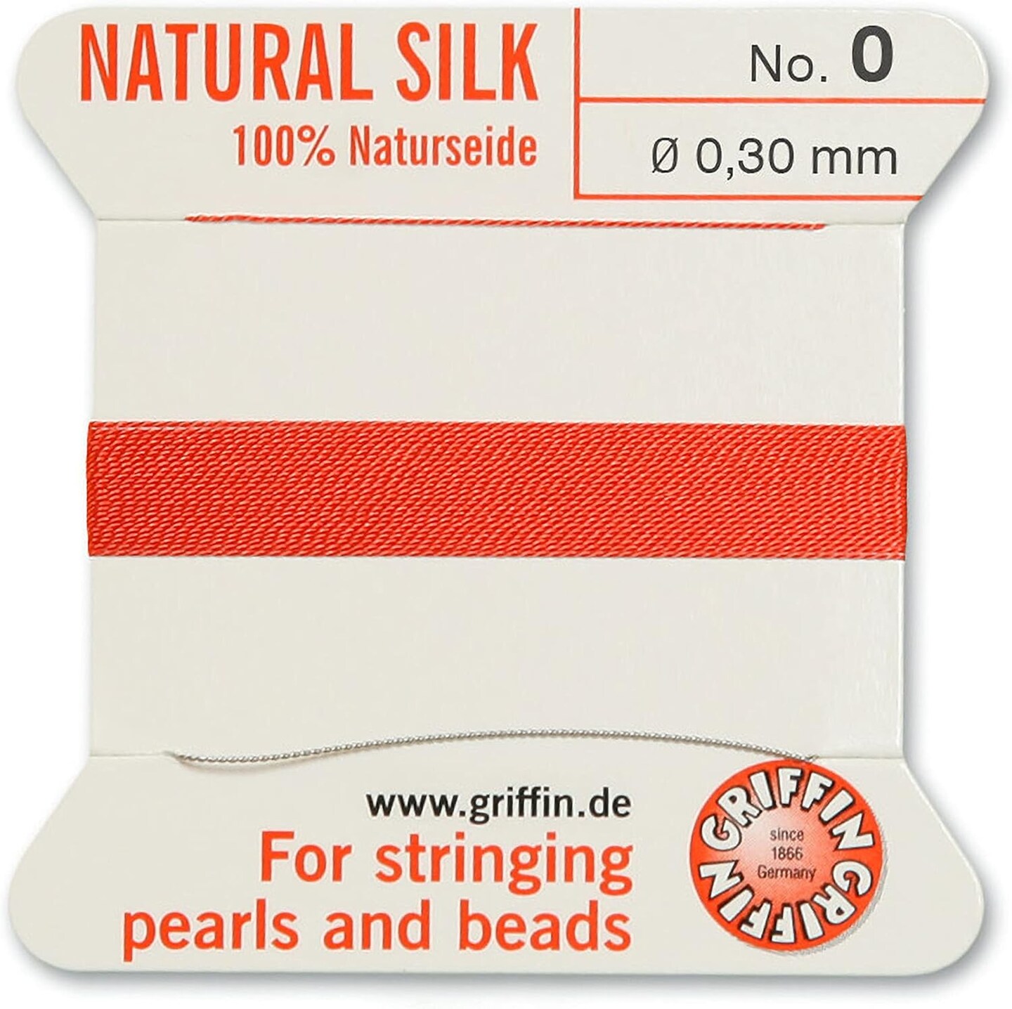 Griffin Silk Bead Cord Perlseide – Size 0 (0.30mm) – 2 Meters per Card – Stainless Steel Needle Attached – for Knotting Pearls, Gemstones, Crystals and Beads