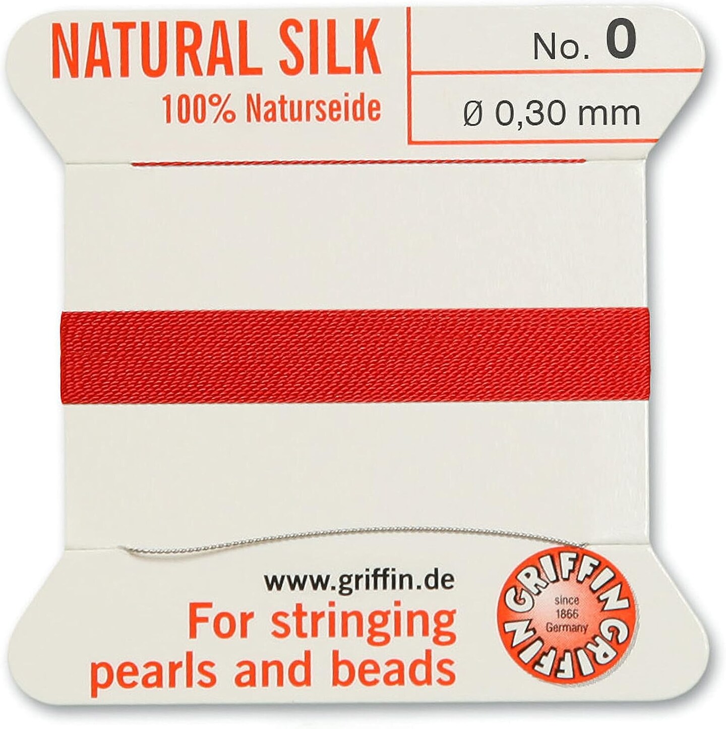 Griffin Silk Bead Cord Perlseide – Size 0 (0.30mm) – 2 Meters per Card – Stainless Steel Needle Attached – for Knotting Pearls, Gemstones, Crystals and Beads