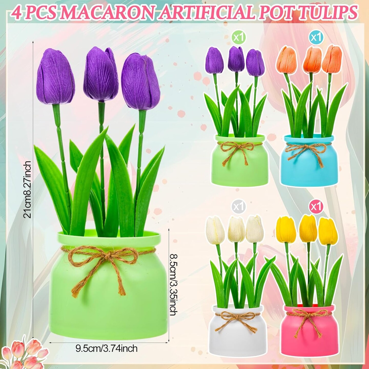 4 Pack Mini Artificial Potted Tulips – Multicolor Faux Flowers in Macaron Pots for Spring Home & Table Decor