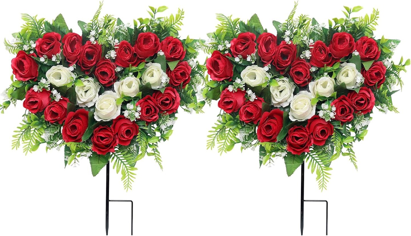 Artificial Cemetery & Memorial Flowers – Red Silk Rose Heart-Shaped Wreaths with Ground Spike, Grave Memorial Decoration for Headstones and Gravesites (2 Sets)