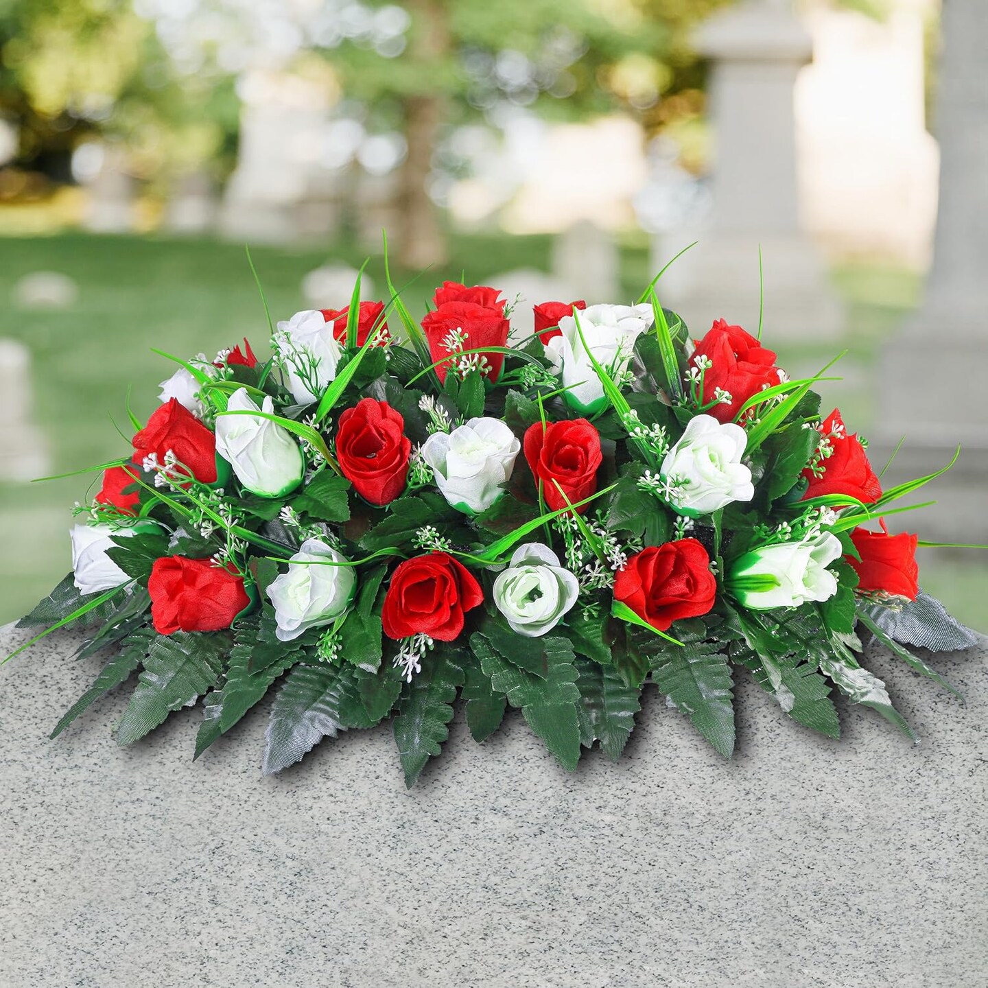 Artificial Cemetery Flower Saddle – Red & White Silk Roses, Outdoor Headstone Memorial Flowers for Gravesites, Tombstone Decoration