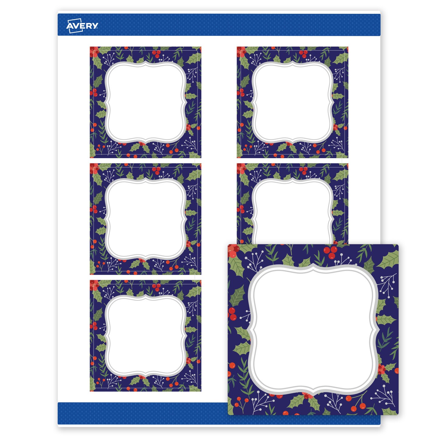 Avery Printable Labels with Sure Feed Technology, Square, 3" x 3", Pre-Printed Navy Border with Silver Metallic Frame Design, Matte White, Laser & Inkjet Compatible, 60 Total