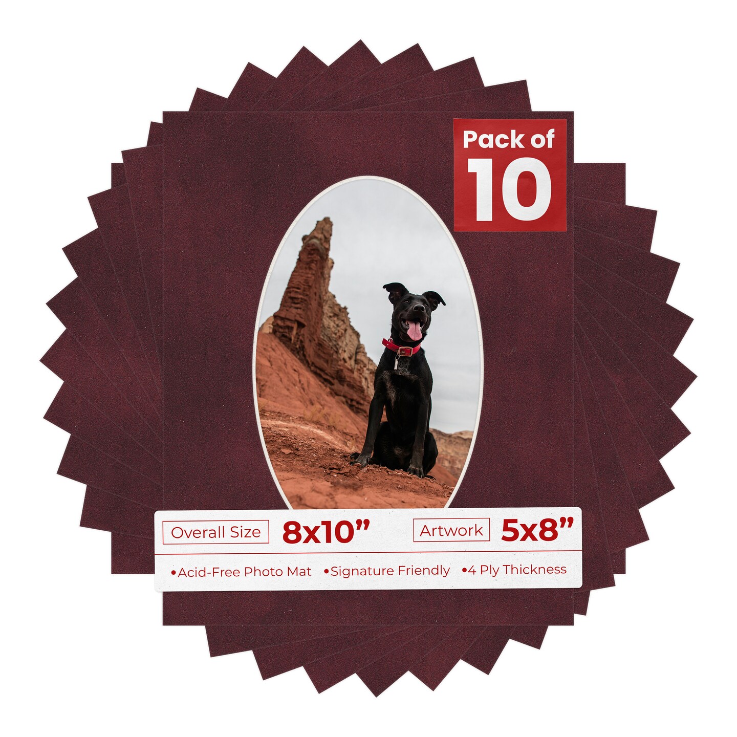 Dark Red Suede Mat Board for 8x10 Frames - Oval Opening for 5x8 Photos