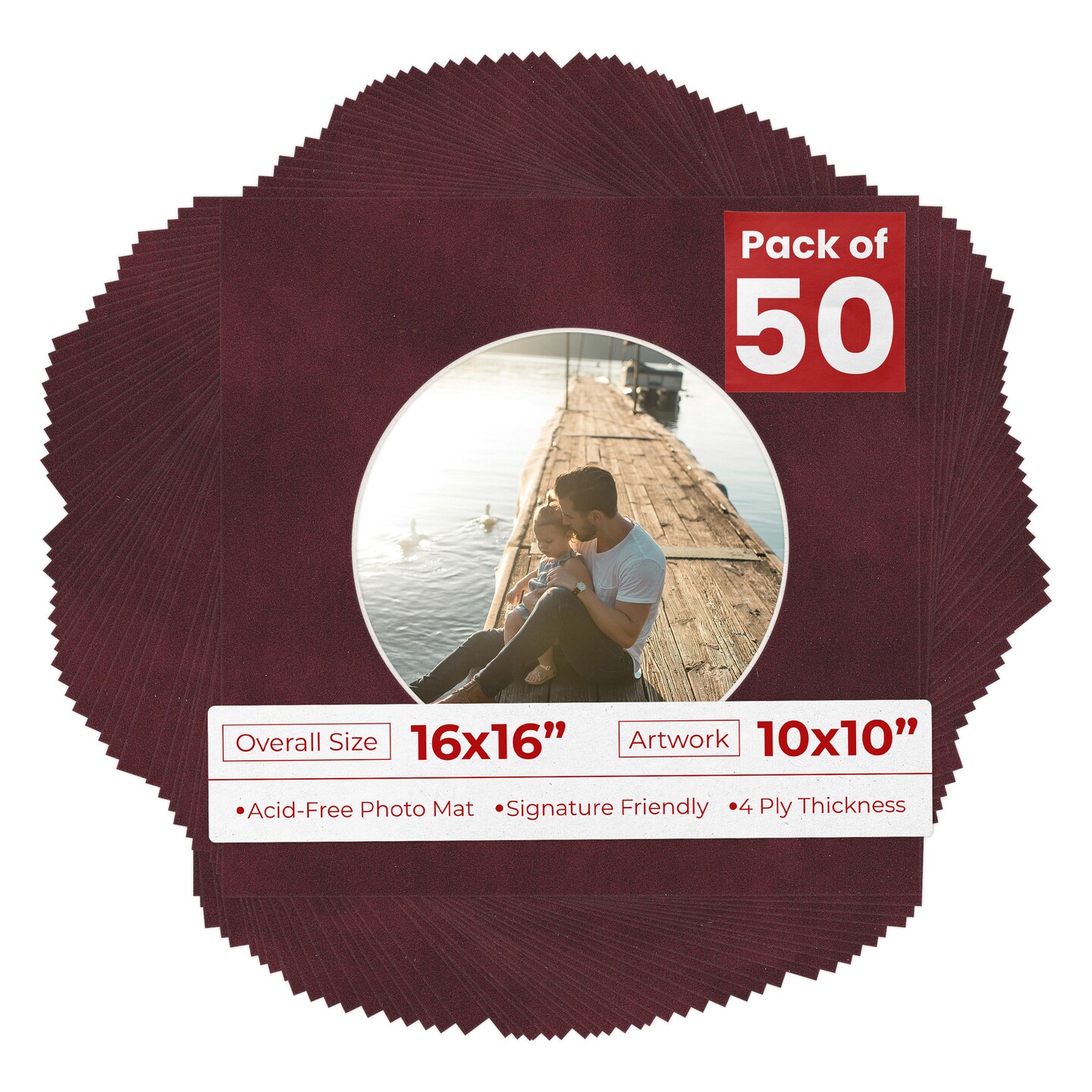 Dark Red Suede Mat Board for 16x16 Frames - Circle Opening for 10x10 Photos