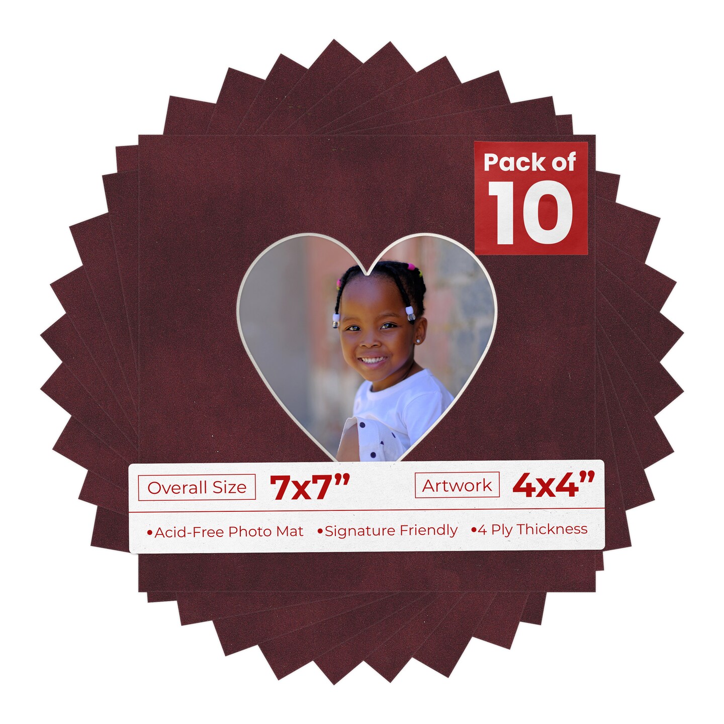 Dark Red Suede Mat Board for 7x7 Frames - Heart Opening for 4x4 Photos