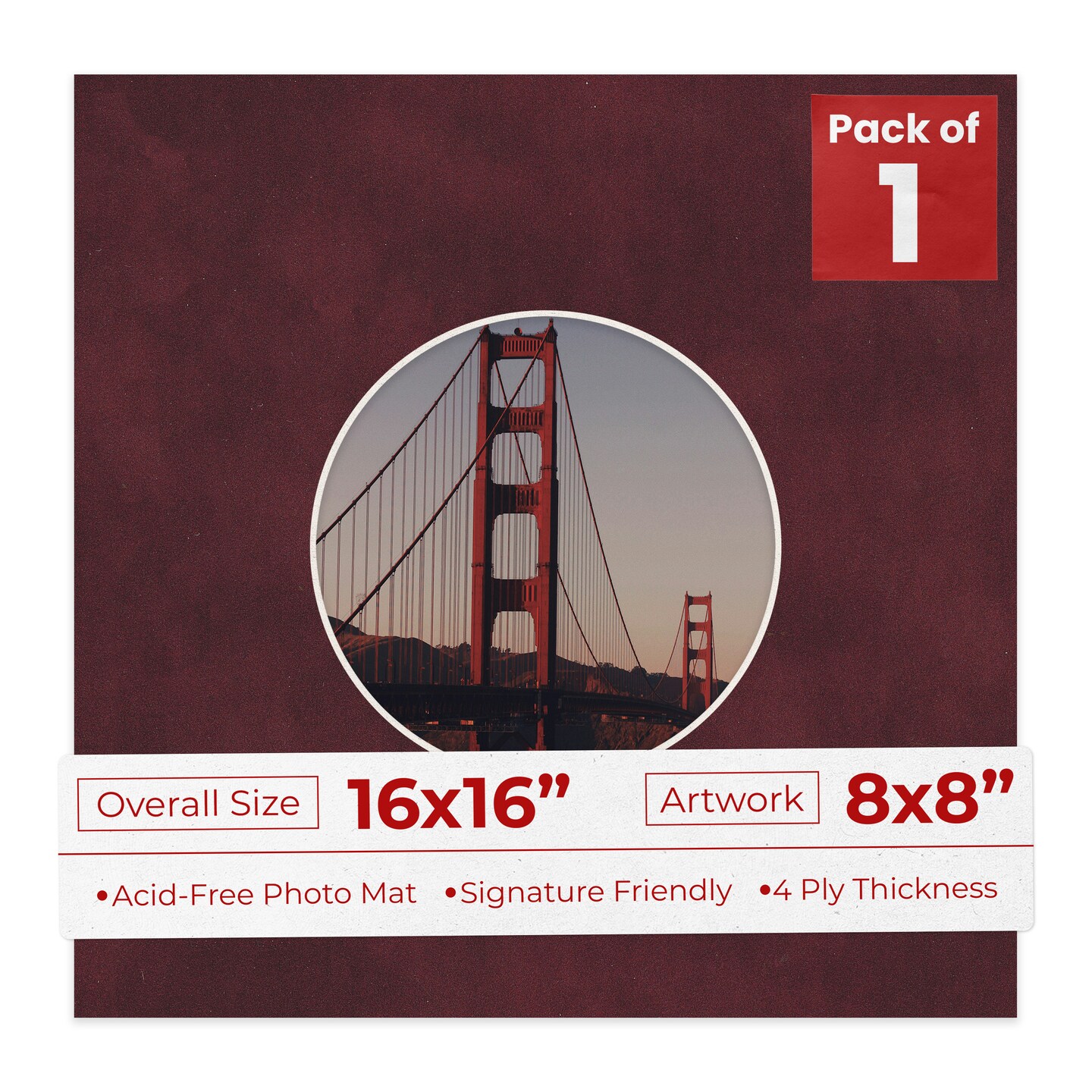 Dark Red Suede Mat Board for 16x16 Frames - Circle Opening for 8x8 Photos