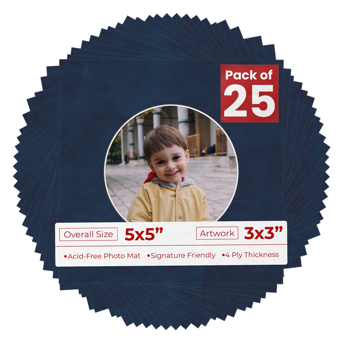 Navy Suede Mat Board for 5x5 Inch Frames - Circle Opening for 3x3 Photos
