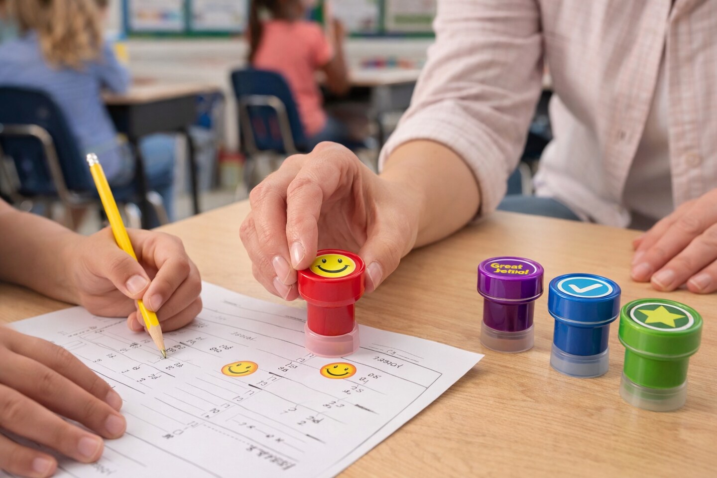 Smile Self Inking Stamps 1.40" – 24 Pack | Teacher Reward & Classroom Grading Stamps