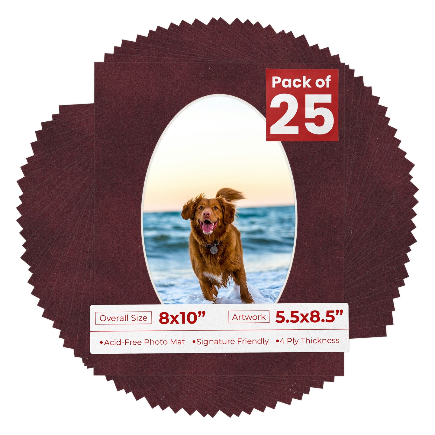 Dark Red Suede Mat Board for 8x10 Frames - Oval Opening for 5.5x8.5 Photos