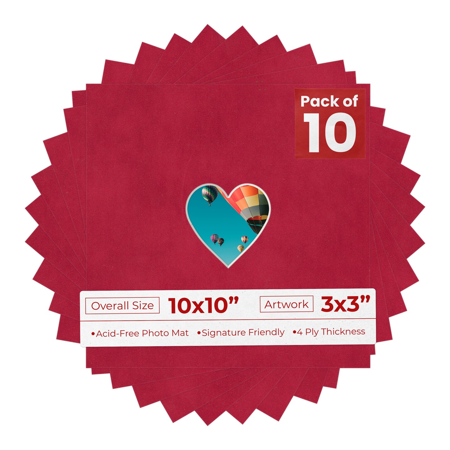 Red Suede Mat Board for 10x10 Frames - Heart Opening for 3x3 Photos