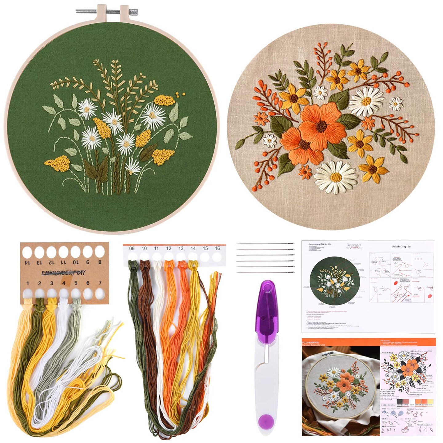 2 Sets Full Range Embroidery Starter Kit with Pattern and Instructions Cross Stitch Kit Includes 2 Pcs Embroidery Clothes with Floral Pattern, 1 Pcs Plastic Embroidery Hoops, 1 Pcs Scissor
