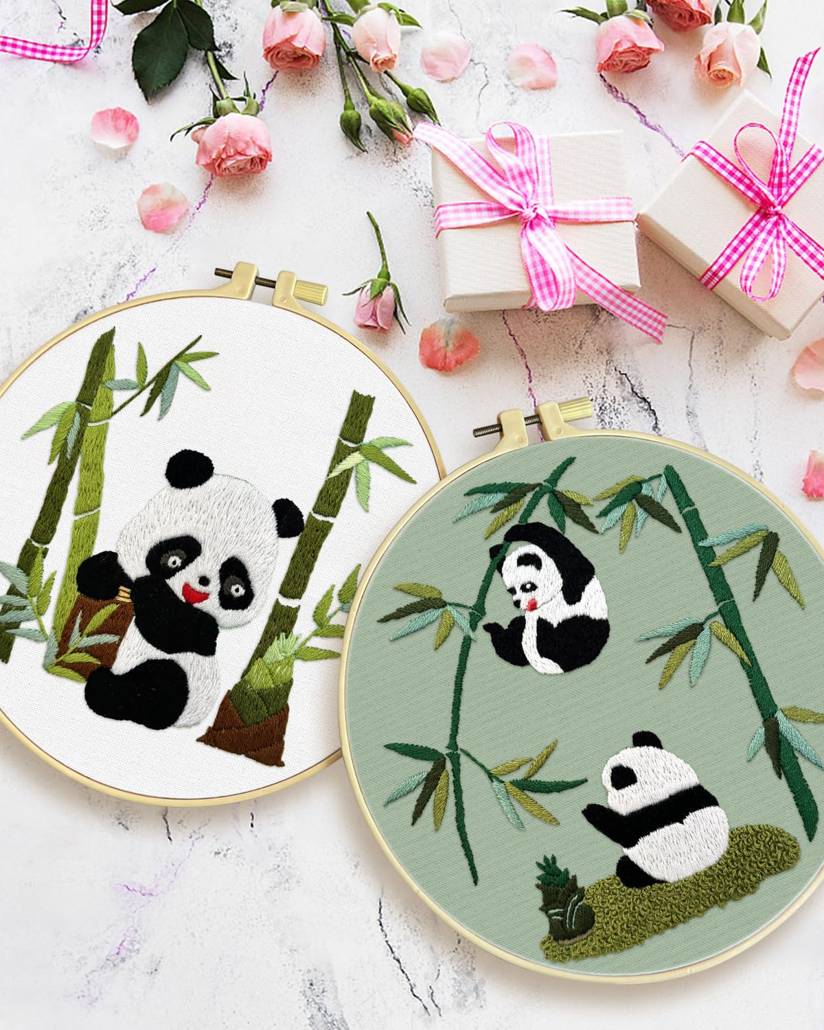 4 Sets Embroidery Kit for Beginners, Animal Cross Stitch Set for Adult Include Embroidery Cloth Hoops Threads for Craft Lover Hand Stitch (Panda)