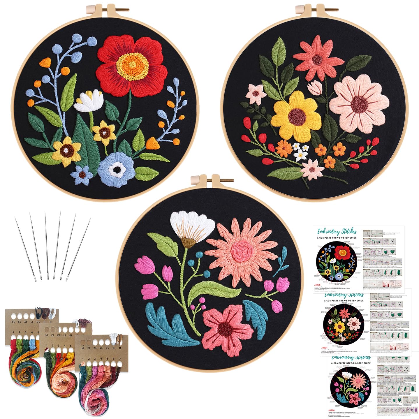 3 Sets Flowers Embroidery Kits for Beginners,Cross Stitch Kit for Adults,Crewel Starters Needlepoint with Floral Pattern,Hoop,Threads and Instruction