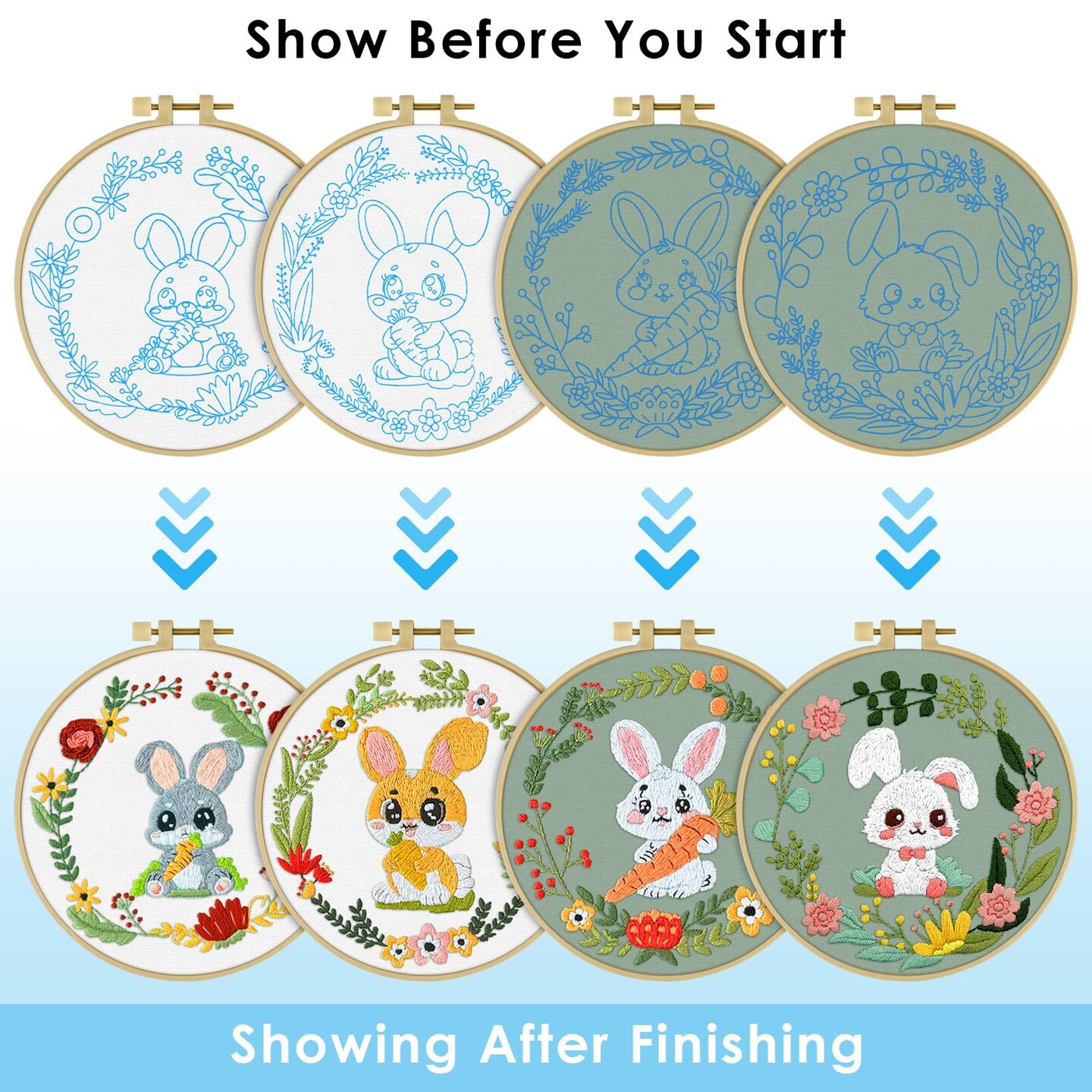 4 Sets Embroidery Kit, Animal Cross Stitch Set for Include Embroidery Cloth Hoops Threads for Craft Lover Hand Stitch (Rabbit)