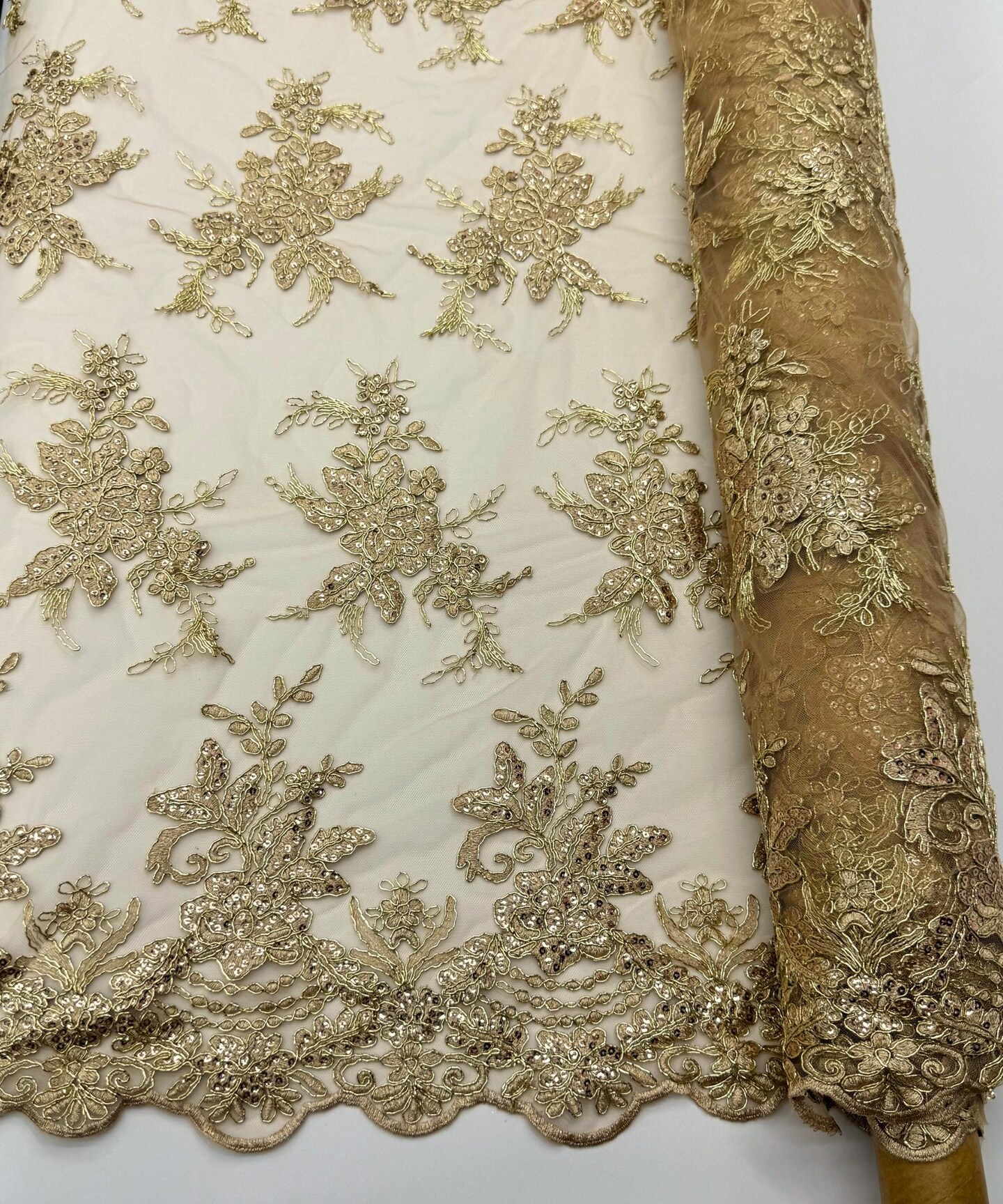 Champagne Sequin Embroidered Lace Fabric by the Yard, 54" Wide Floral Mesh Lace with Double Scalloped Edges
