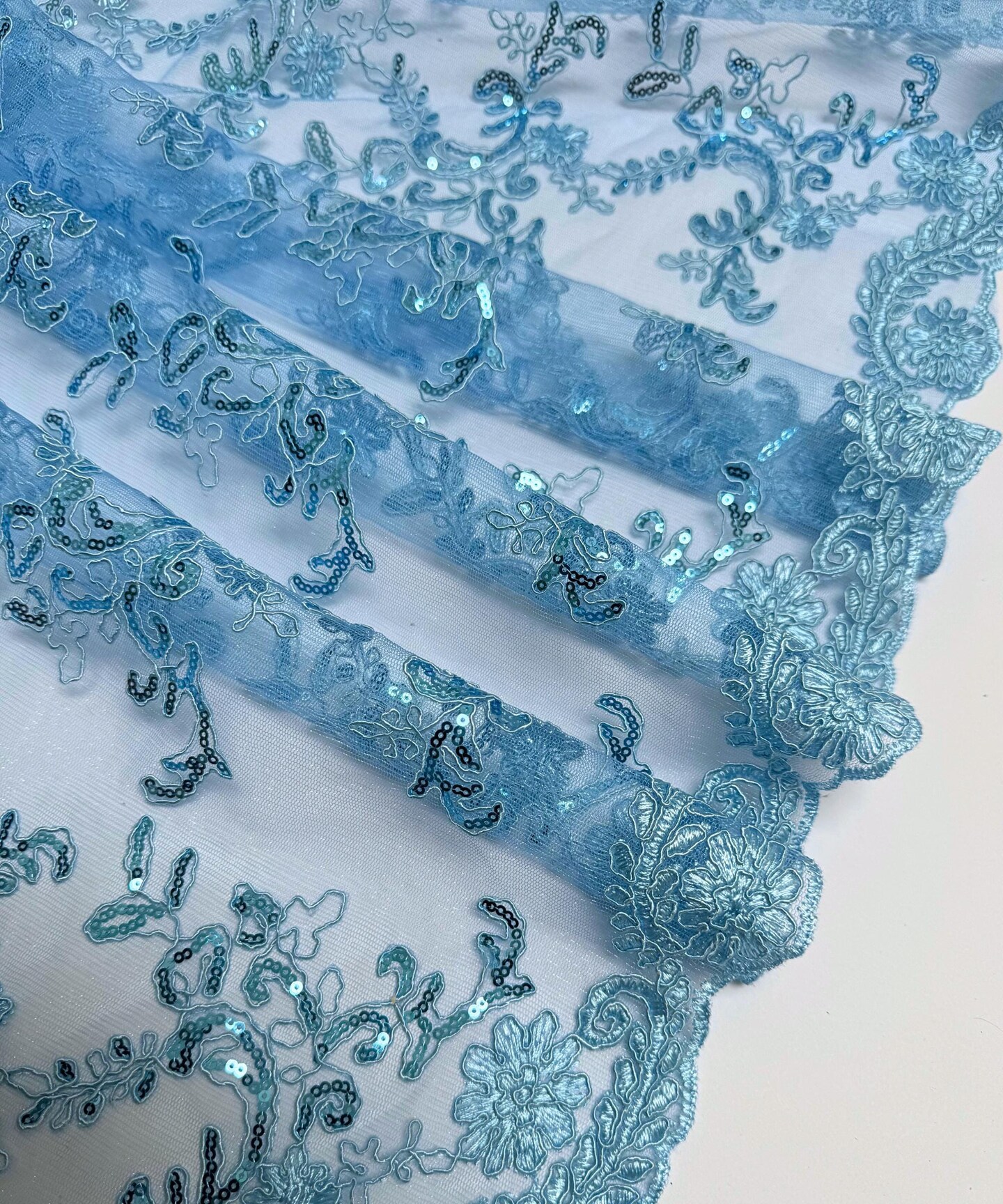 Baby Blue Sequin Embroidered Lace Fabric by the Yard, 54" Wide Floral Mesh Lace with Double Scalloped Edges