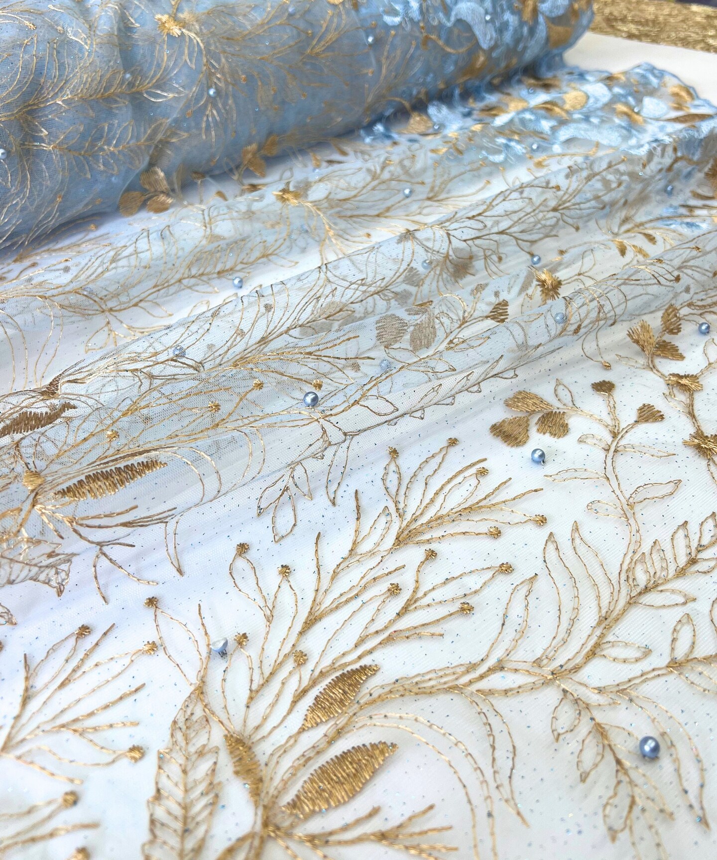 Blue/Gold Sequin Embroidered Lace Fabric by the Yard, 54" Wide Floral Mesh Lace with Double Scalloped Edges