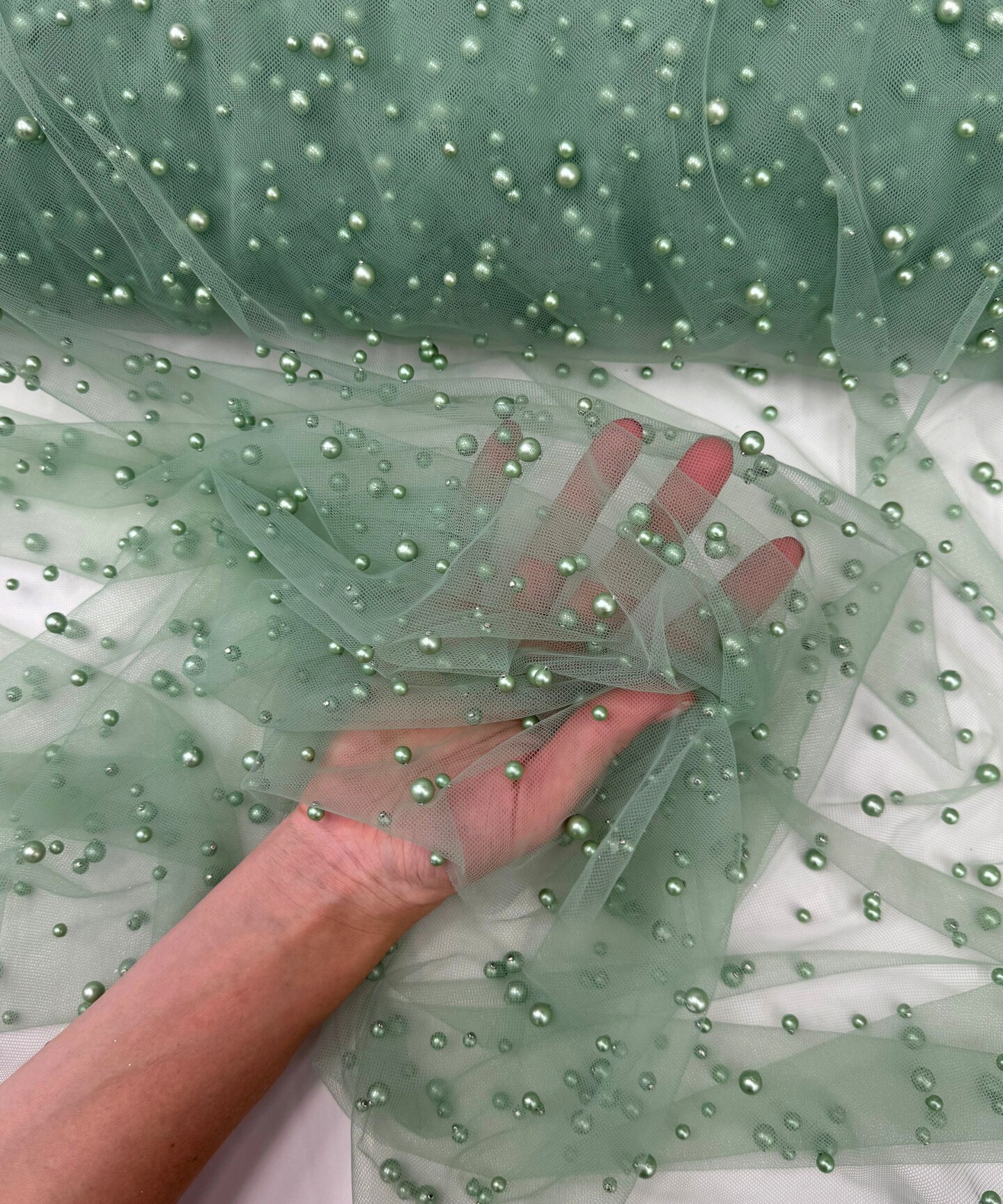 Sage Pearl Tulle Fabric by the Yard, 60" Wide Soft Pearl Scattered Mesh
