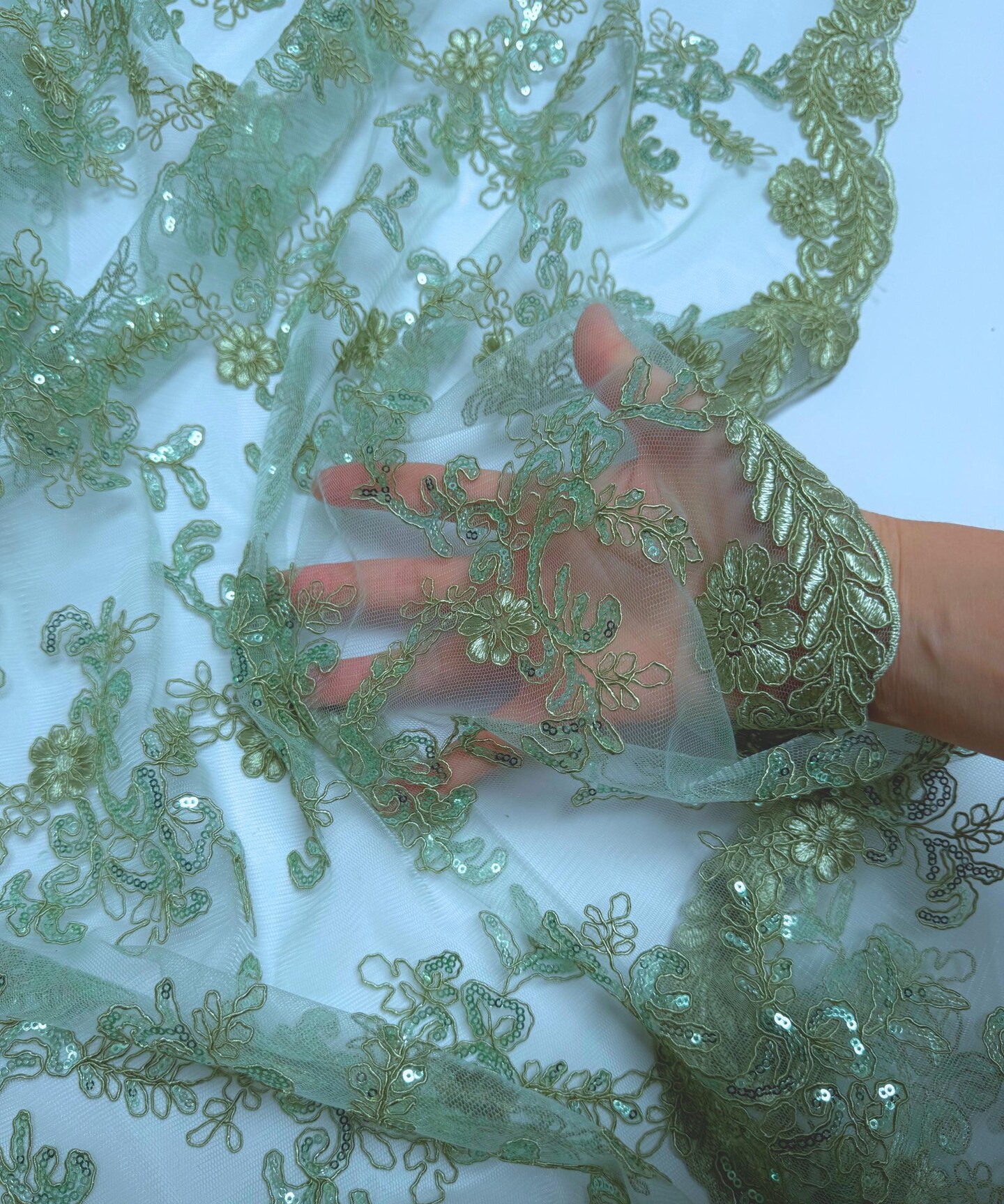 Sage Sequin Embroidered Lace Fabric by the Yard, 54" Wide Floral Mesh Lace with Double Scalloped Edges
