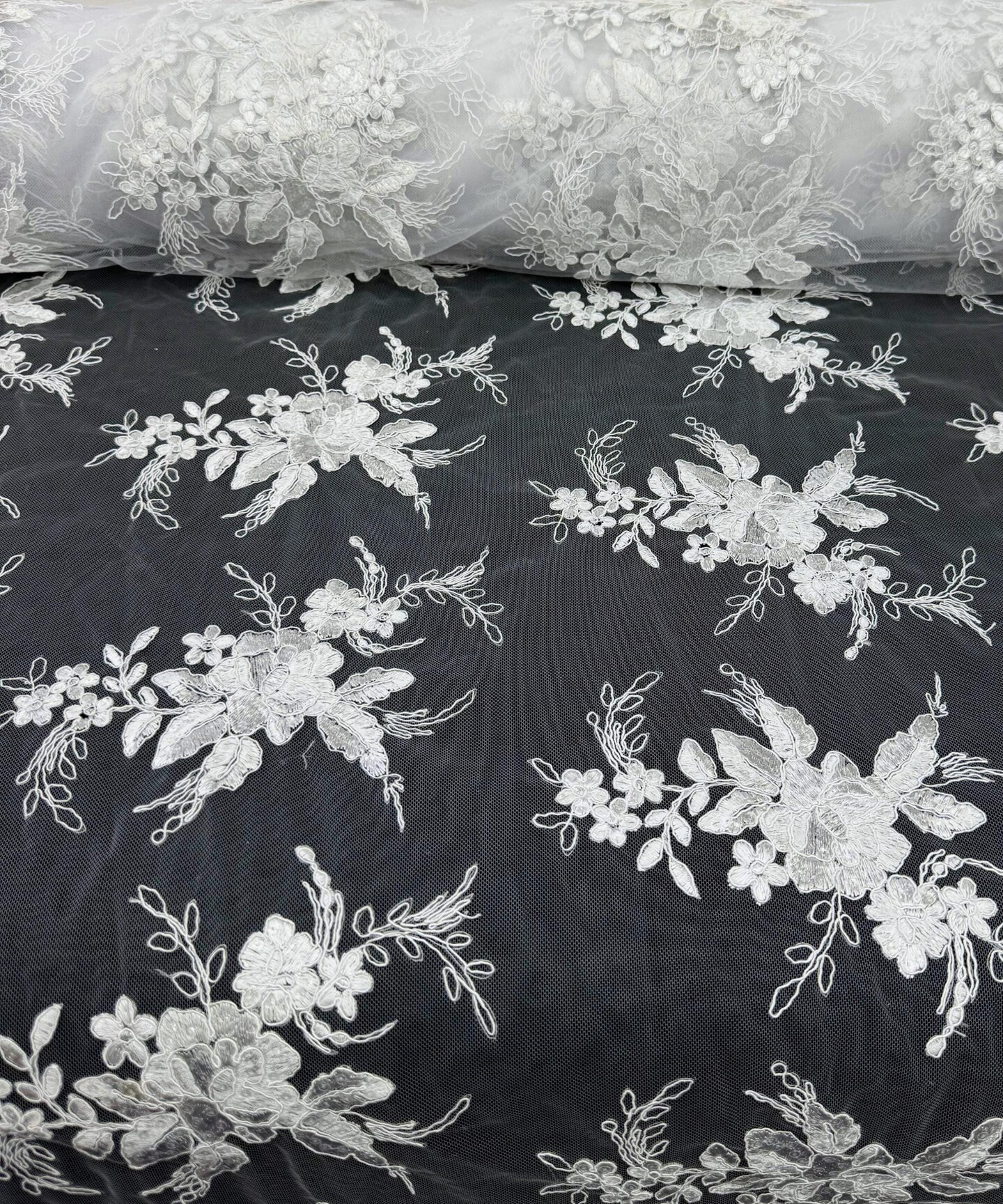 White Sequin Embroidered Lace Fabric by the Yard, 54" Wide Floral Mesh Lace with Double Scalloped Edges