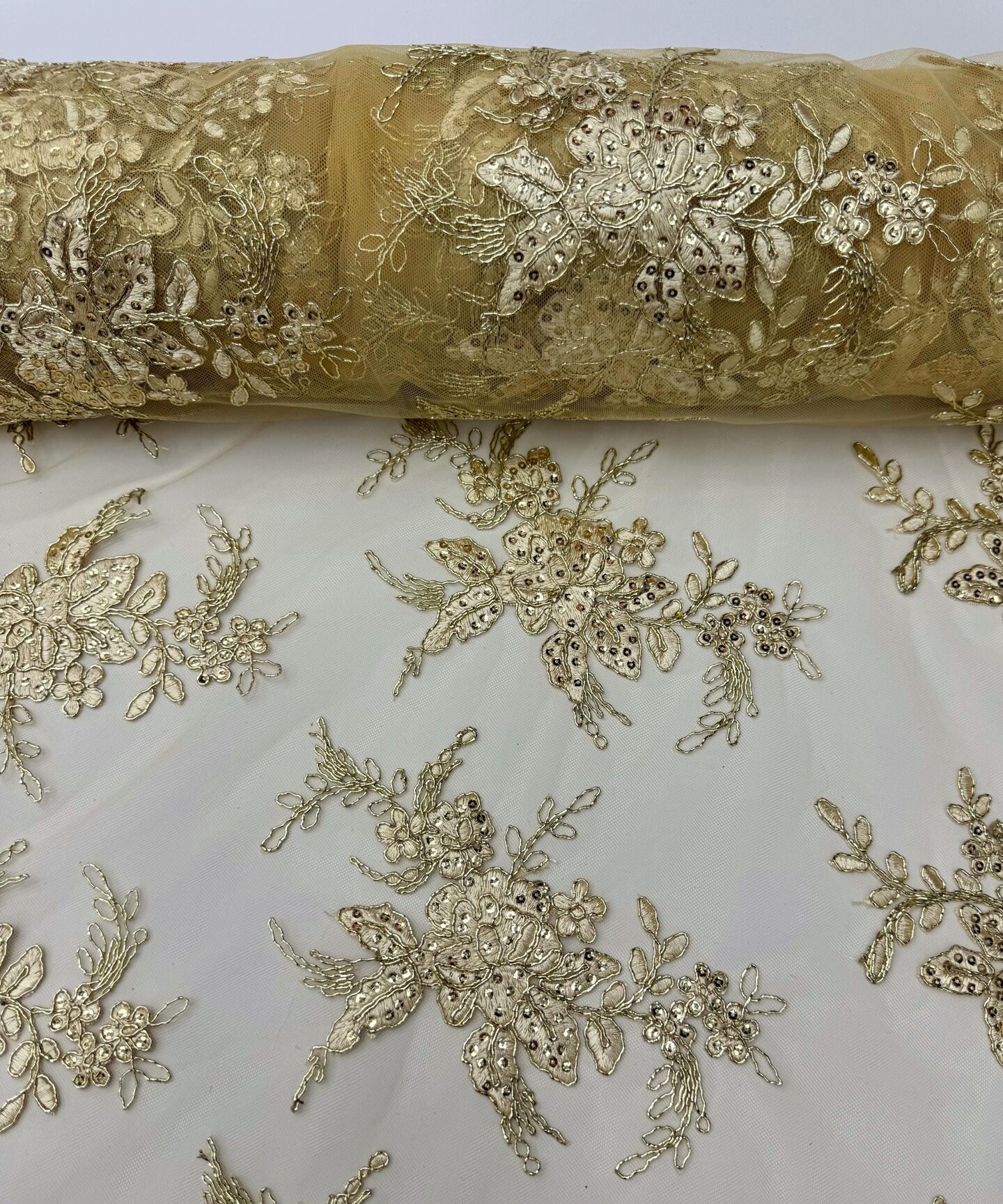 Gold Sequin Embroidered Lace Fabric by the Yard, 54" Wide Floral Mesh Lace with Double Scalloped Edges
