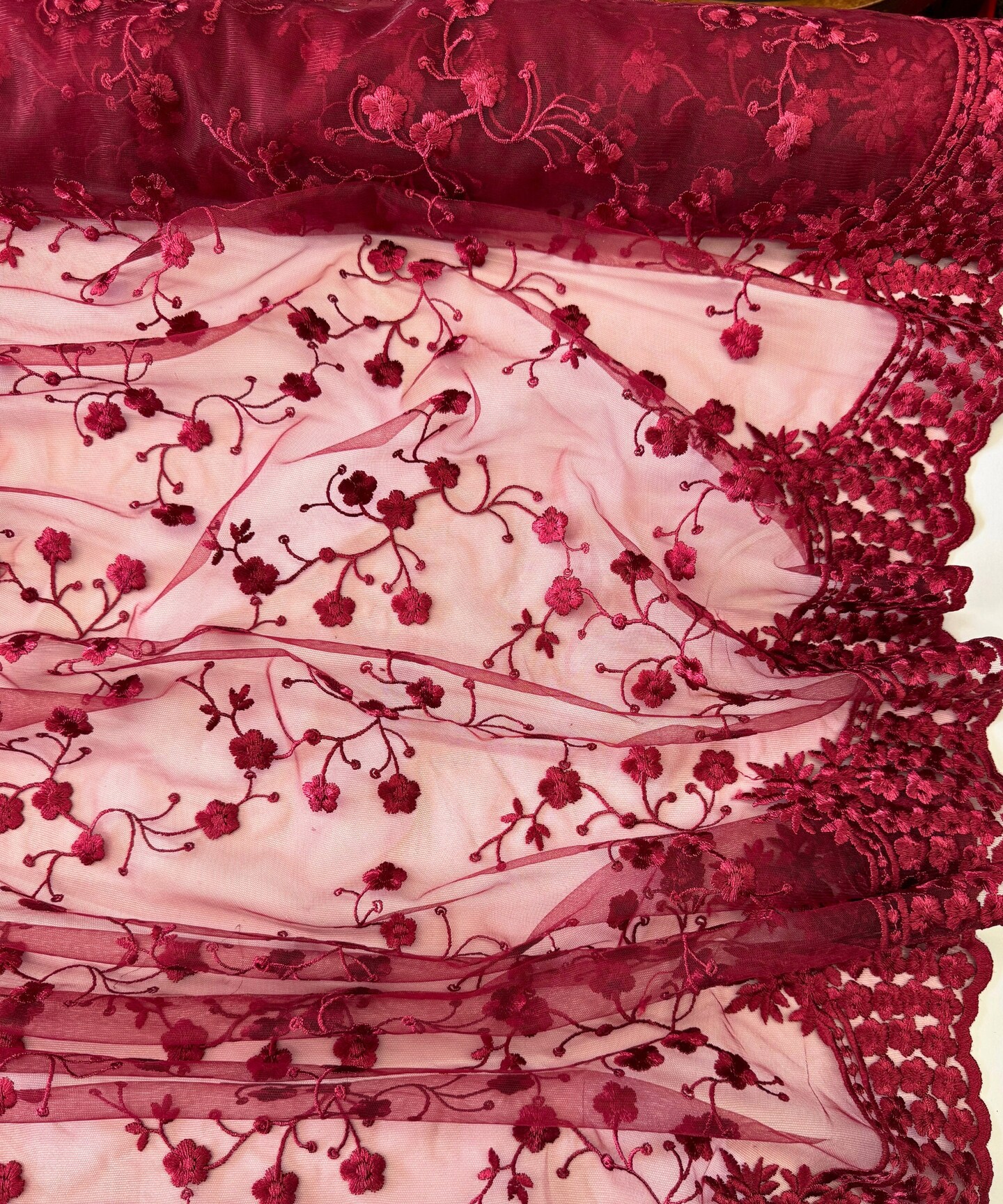 Burgundy Sequin Embroidered Lace Fabric by the Yard, 54" Wide Floral Mesh Lace with Double Scalloped Edges