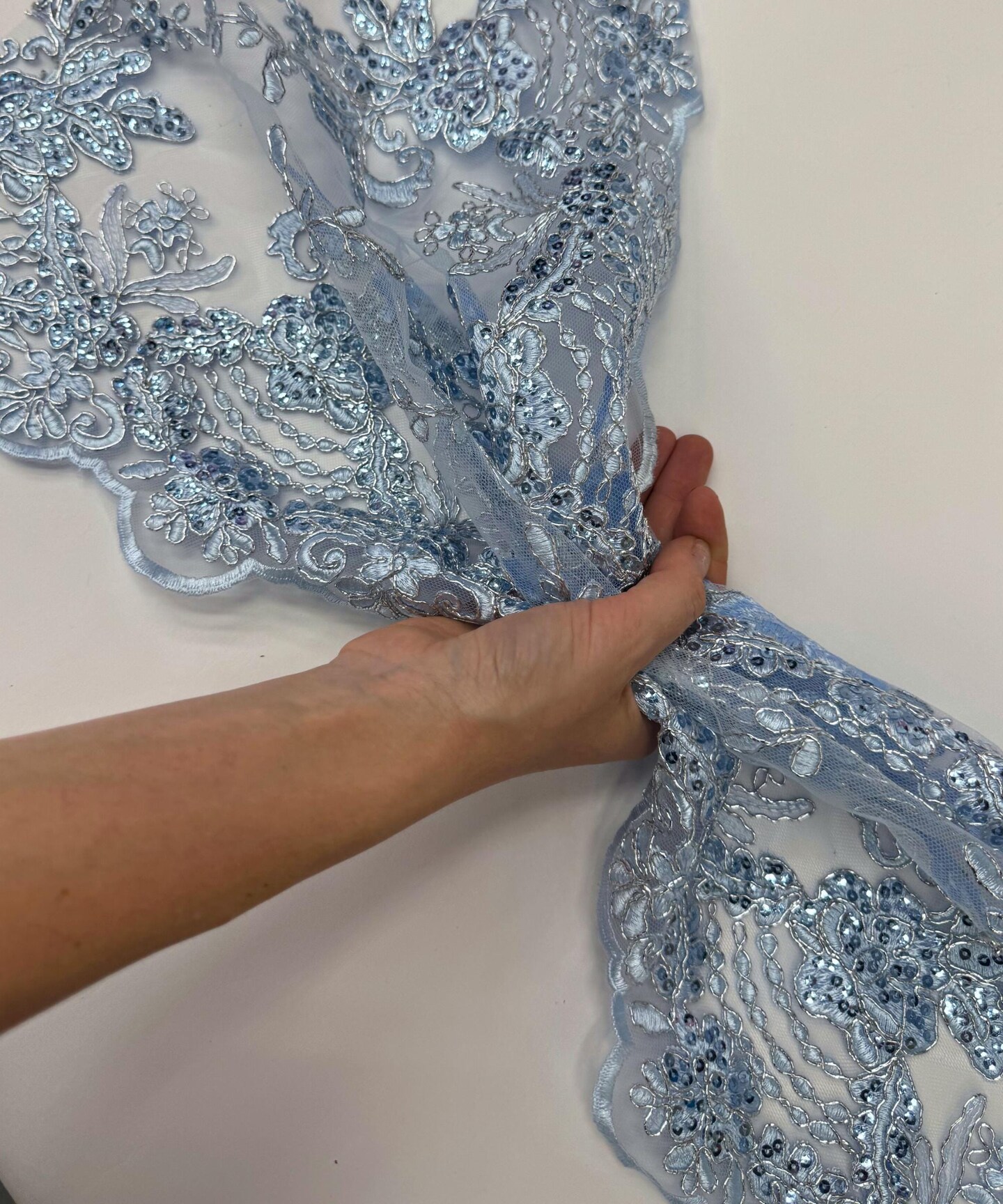 Baby Blue Floral Embroidered Lace Table Runner by the Yard, 14" Wide Sequin Mesh Lace Trim with Scalloped Edges