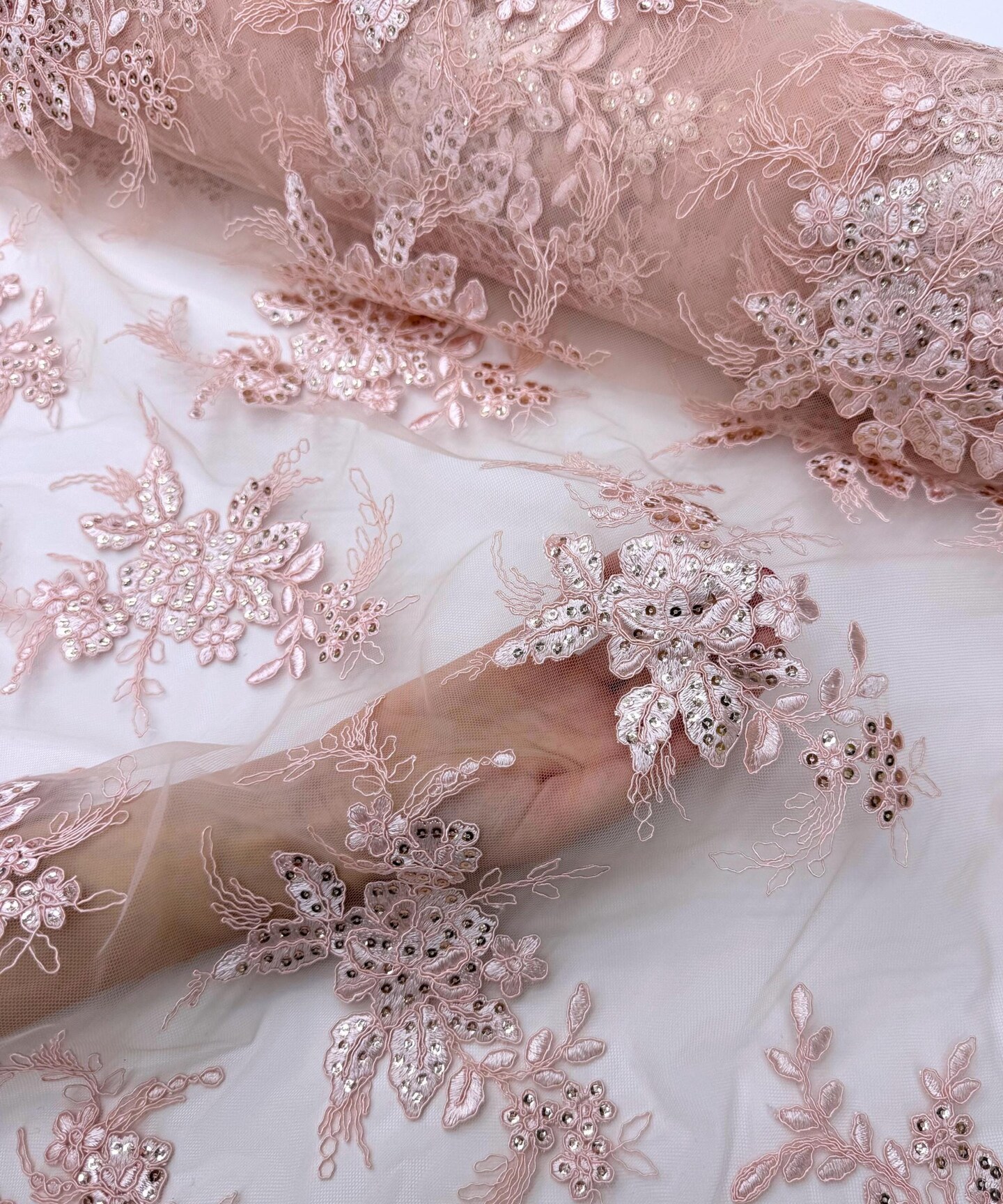 Blush Pink Sequin Embroidered Lace Fabric by the Yard, 54" Wide Floral Mesh Lace with Double Scalloped Edges