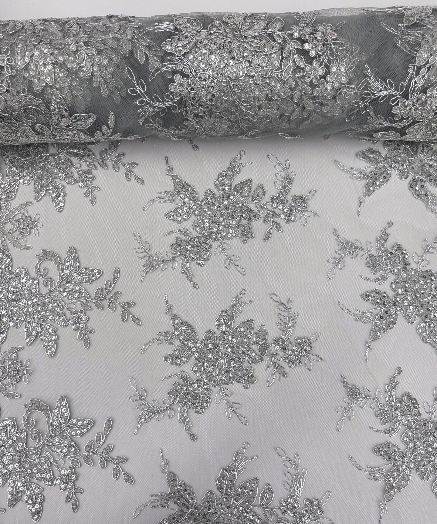 Silver Sequin Embroidered Lace Fabric by the Yard, 54" Wide Floral Mesh Lace with Double Scalloped Edges