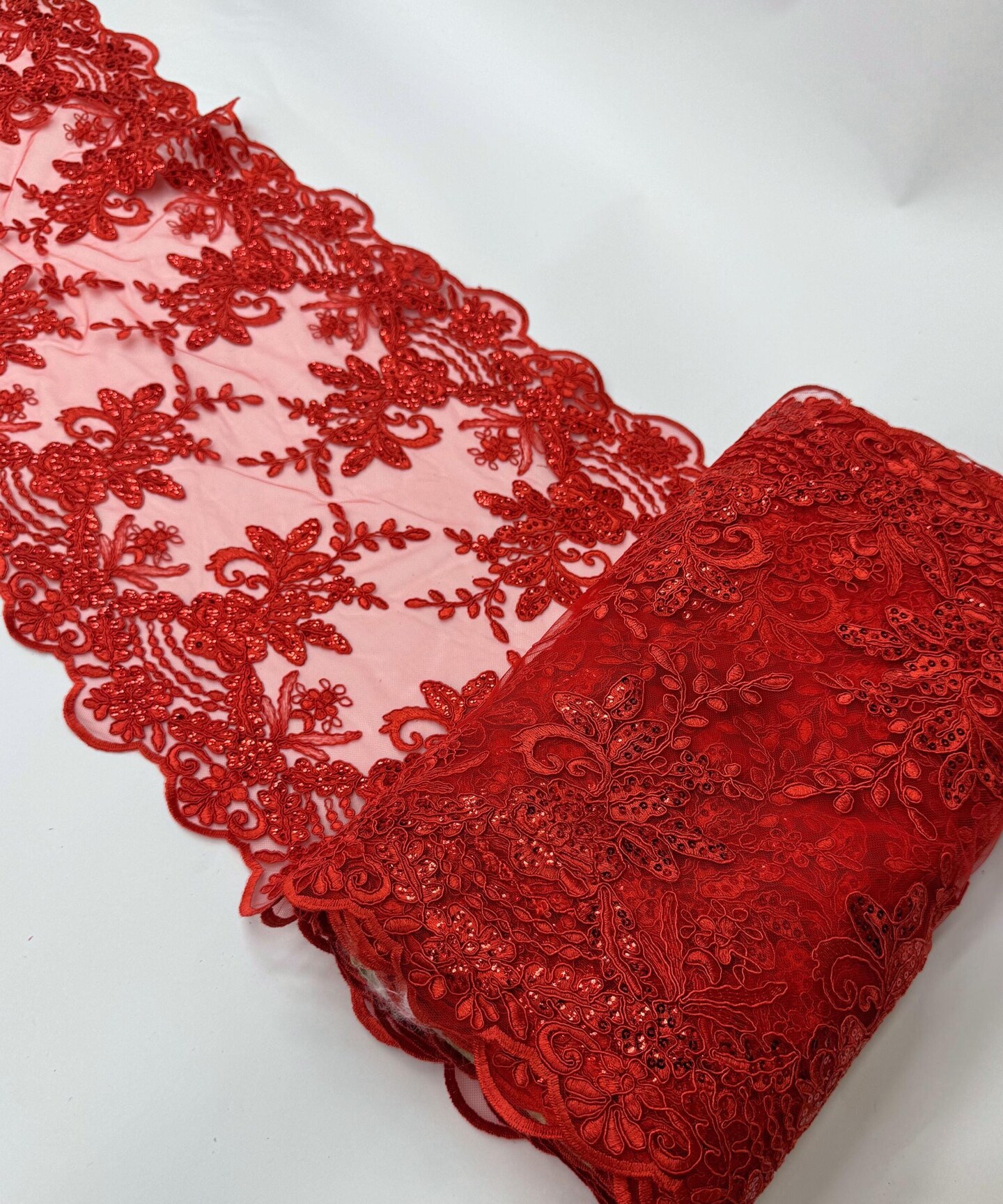 Red Floral Embroidered Lace Table Runner by the Yard, 14" Wide Sequin Mesh Lace Trim with Scalloped Edges