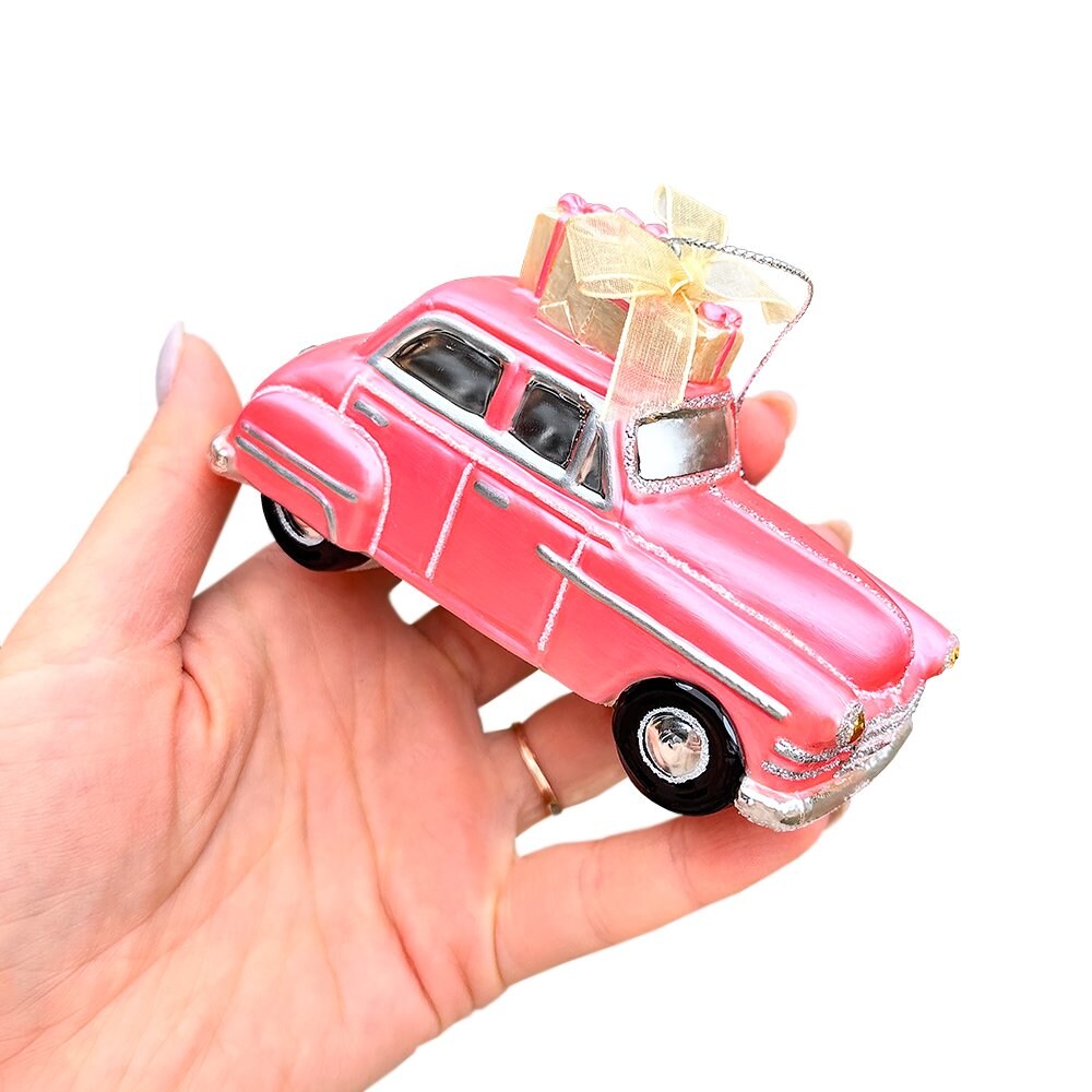 Nostalgic Pink Car Glass Christmas Ornament, Vintage Classic Tree Decor