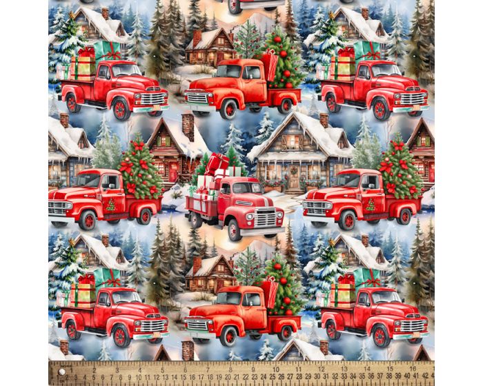 Christmas Town Red Trucks Cotton Fabric | By the Yard | Sewing and Crafting | 44 inches wide