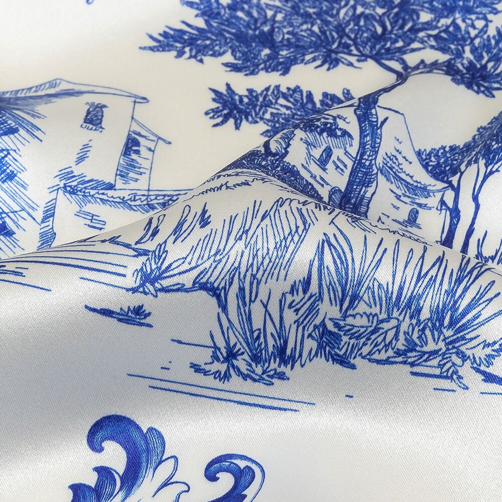 1 Yard Blue and White Toile Print Silk Charmeuse Fabric Lightweight 53 inch Width