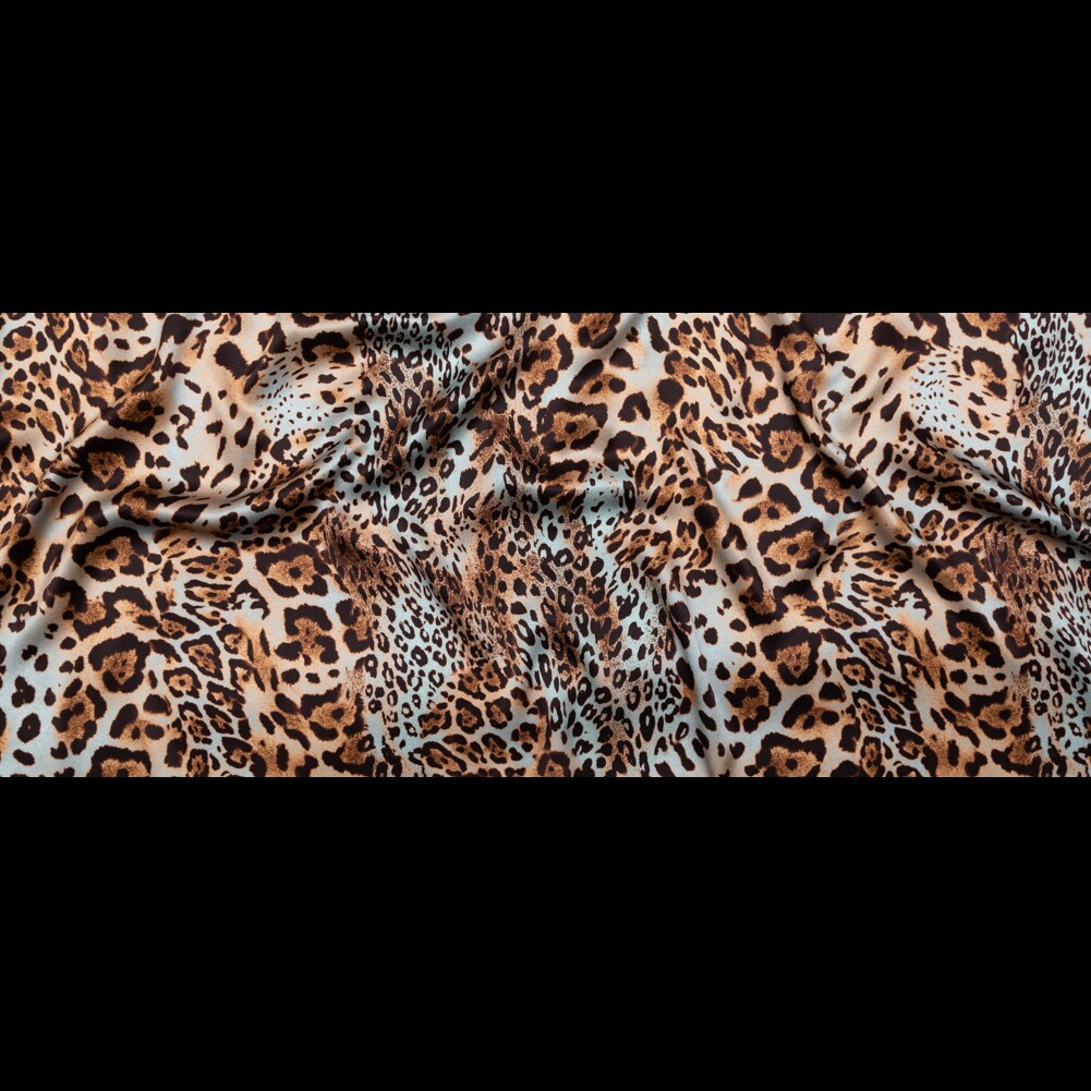 1 Yard Aqua Brown Jaguar Digitally Printed Silk Charmeuse Fabric 55 inch Width